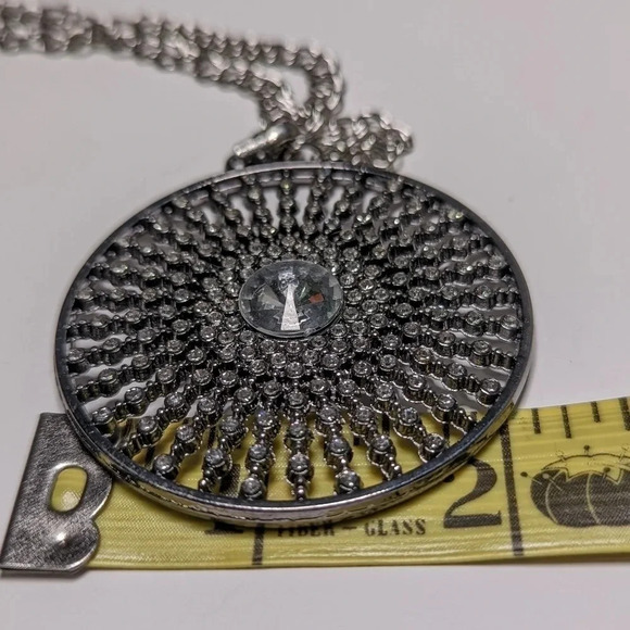 Statement Necklace- Rhinestone-Long Chain-Handmade-Silver tone-Starburst Pendant - Picture 10 of 13